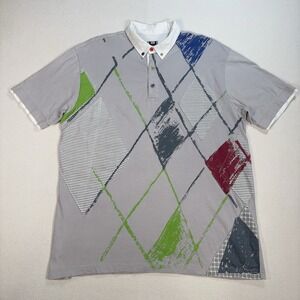 Adolfo Dominguez Polo Shirt Men's 2XL Gray Patchwork Abstract Cotton Button Down